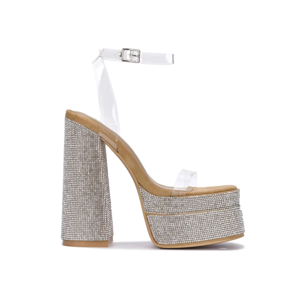 CHANEL | RHINESTONE EMBELLISHED CHUNKY PLATFORM SANDAL HEEL